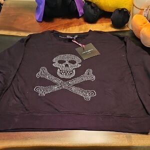 Cynthia Rowley Soft Black Sweatshirt With Rhinestone Skull And Crossbones New